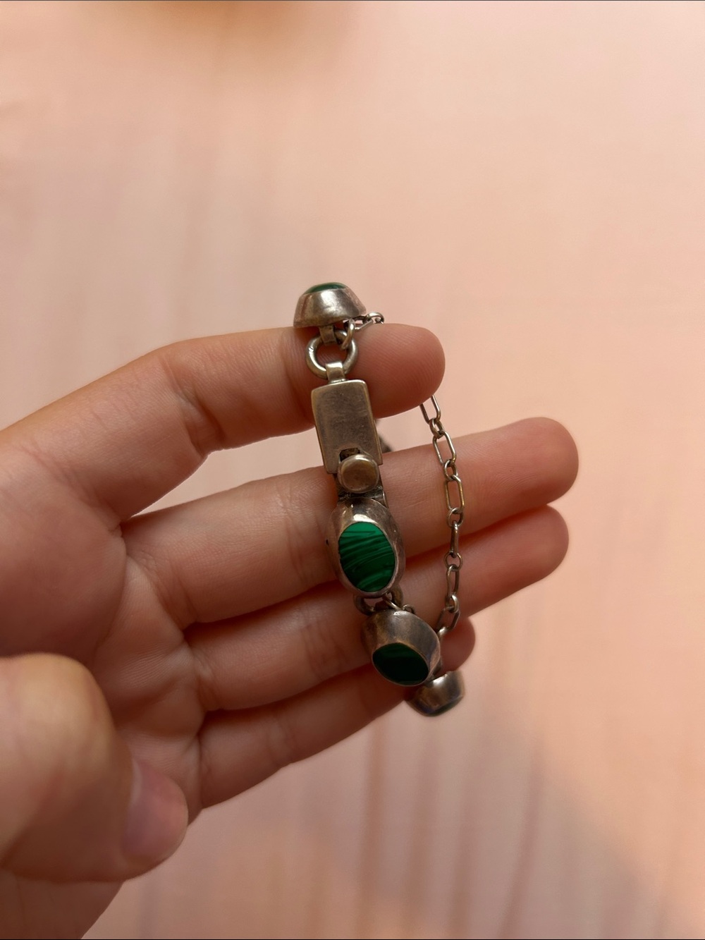 Vintage Sterling Silver Green Stone Link Bracelet - Picture 6 of 7